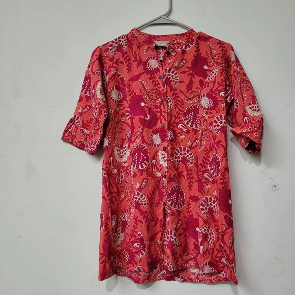 Utsa Women's Button-Up Tunic Top Size XS Pink Floral 100% Viscose Short Sleeves - Picture 1 of 8